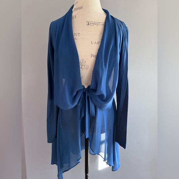 LOGO by Lori Goldstein Sweaters - LOGO Lounge by Lori Goldstein Chiffon Cascade Cardigan with Tie Detail size S
